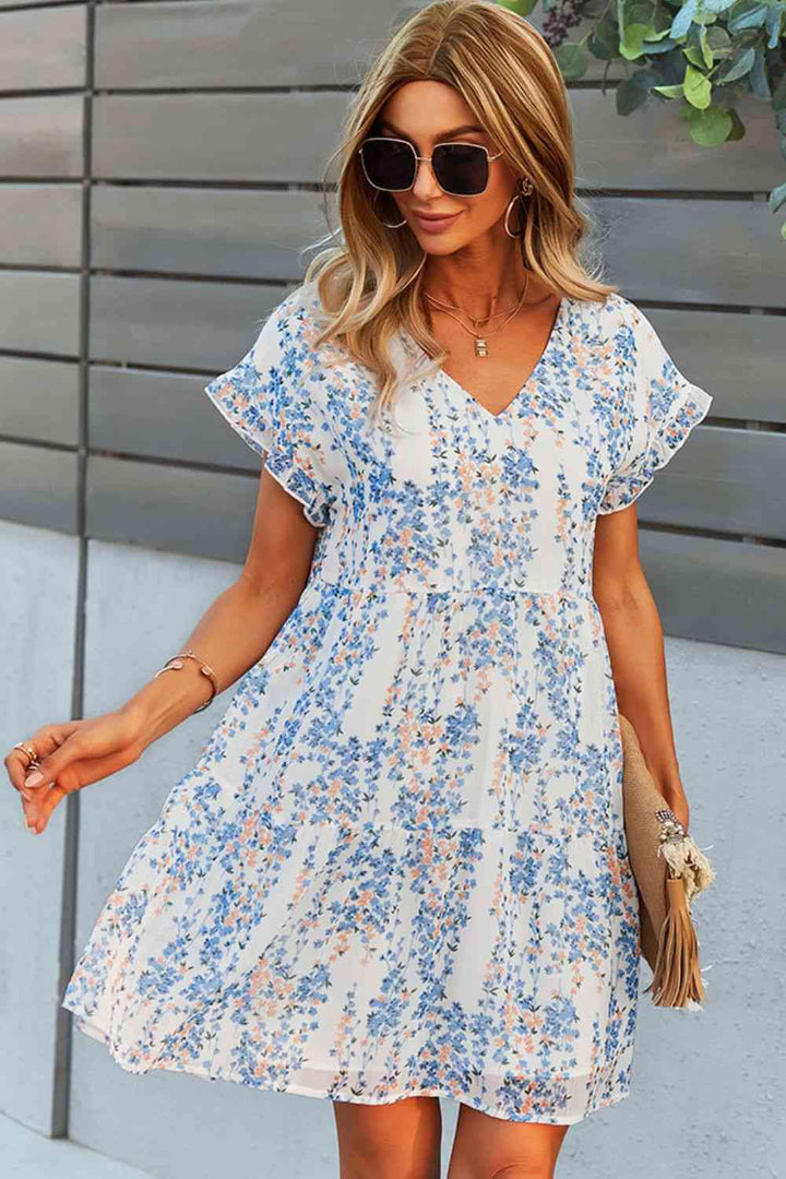 Printed V-Neck Short Sleeve Tiered Dress |1mrk.com