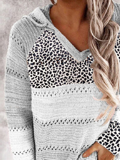 Full Size Openwork Leopard Drawstring Hooded Sweater |1mrk.com