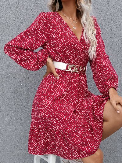 Printed Surplice Balloon Sleeve Dress |1mrk.com