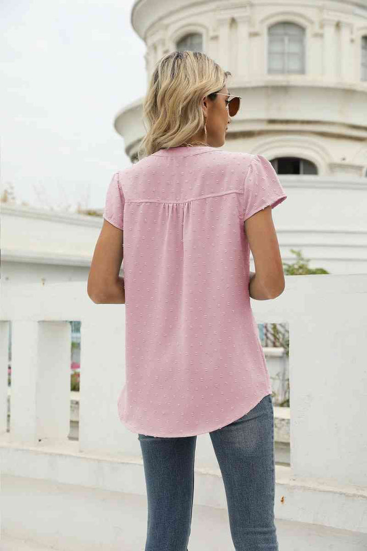 Swiss Dot Notched Neck Short Sleeve Top | 1mrk.com