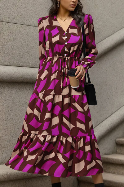 Printed Tied Pocketed Lantern Sleeve Dress | 1mrk.com