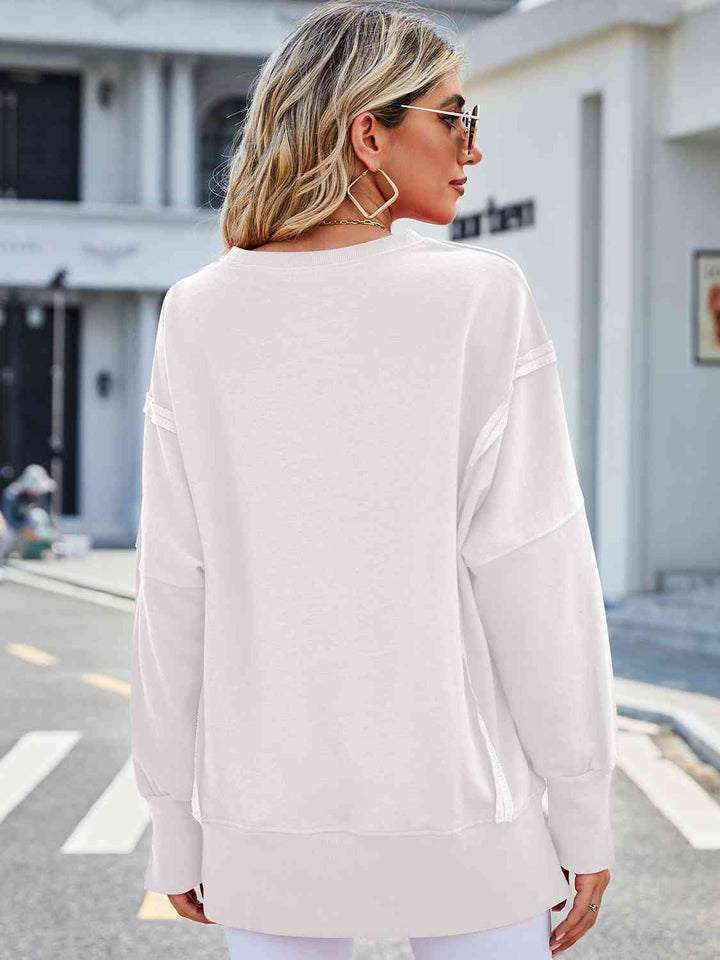 Exposed Seam High-Low Round Neck Sweatshirt |1mrk.com