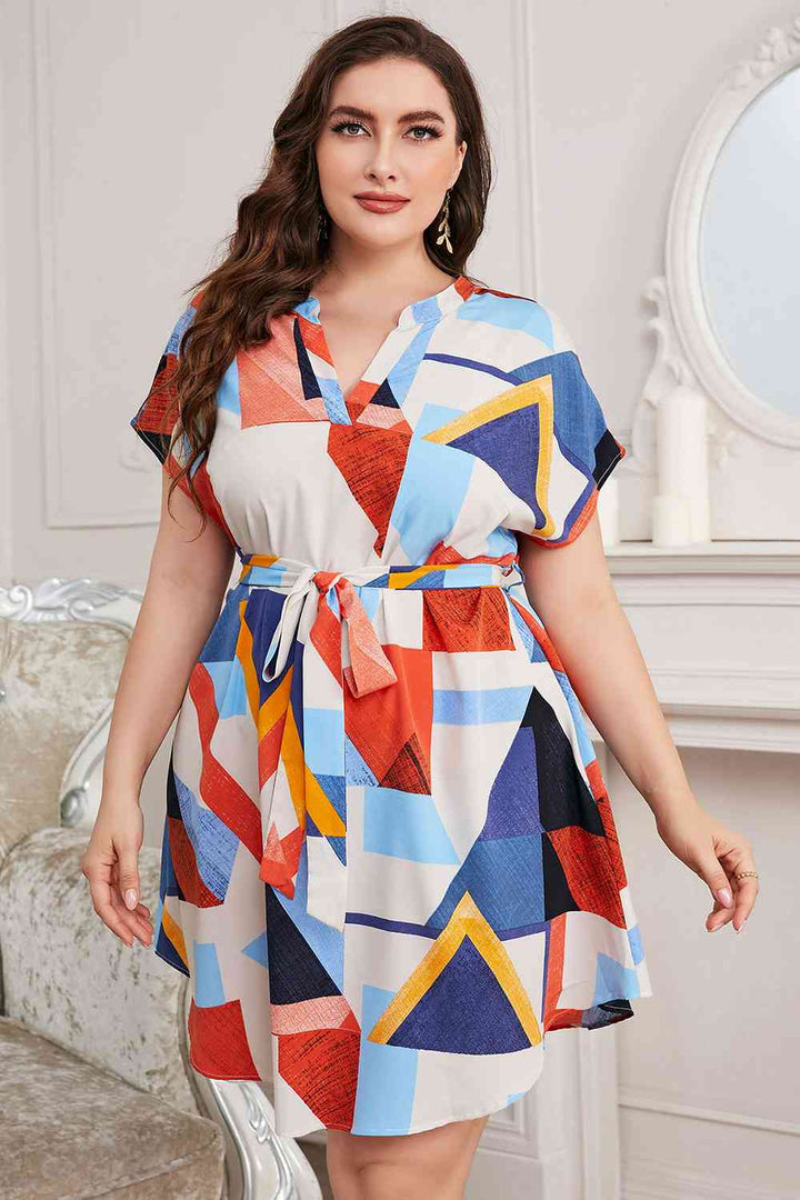 Plus Size Notched Neck Tie Waist Dress |1mrk.com