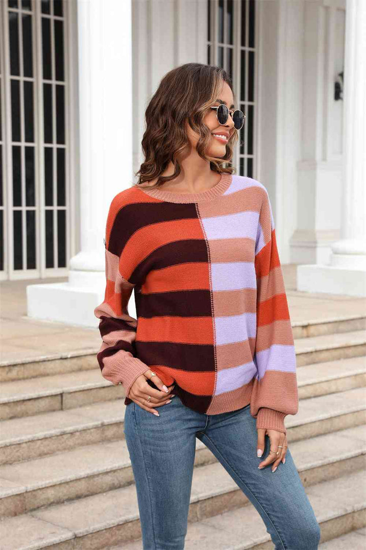 Round Neck Long Sleeve Color Block Dropped Shoulder Pullover Sweater |1mrk.com