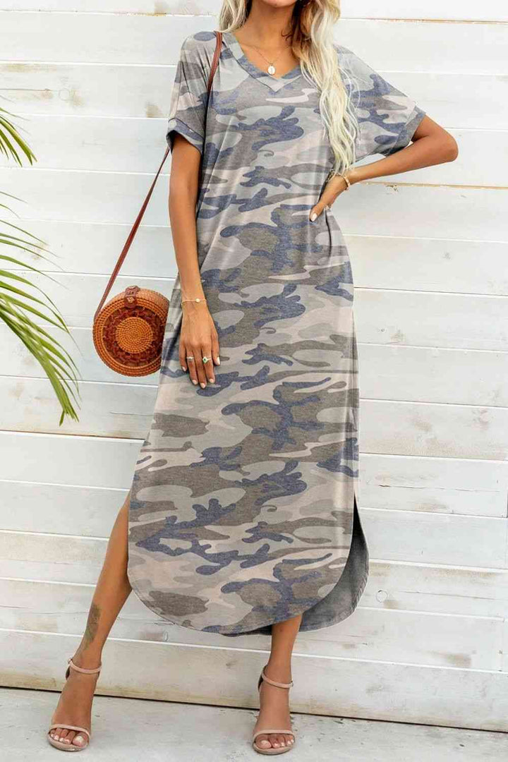 Printed V-Neck Curved Hem Dress |1mrk.com