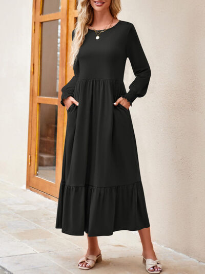 Round Neck Lantern Sleeve Ruffle Hem Dress | 1mrk.com