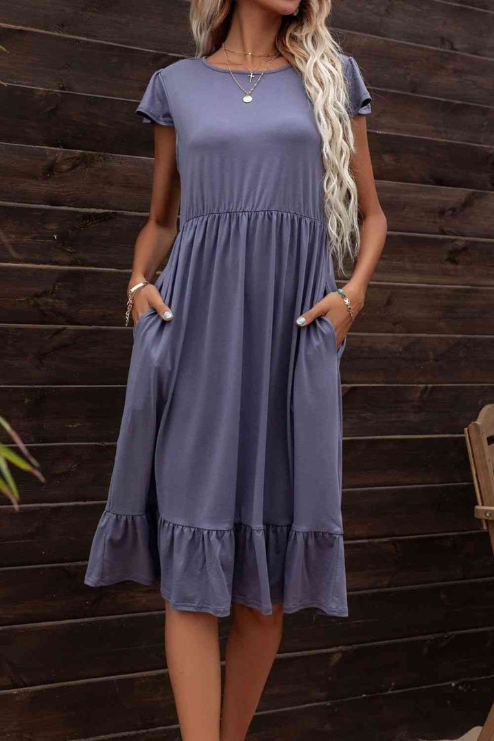 Round Neck Ruffle Hem Pocket Dress |1mrk.com