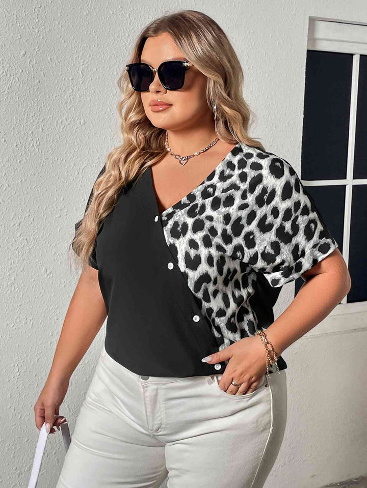 Plus Size Leopard Print Buttoned Surplice Neck Tee | 1mrk.com