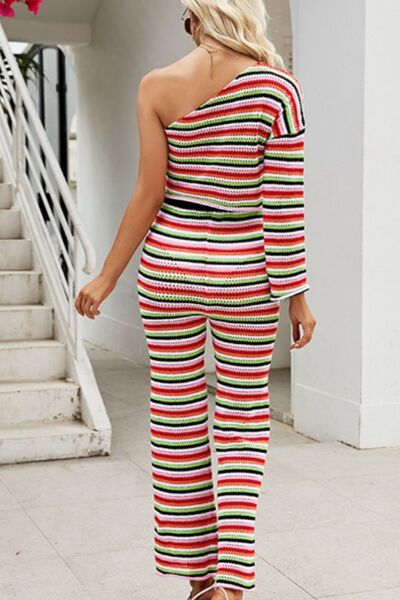 Striped Single Shoulder Top and Pants Knit Set | Trendsi