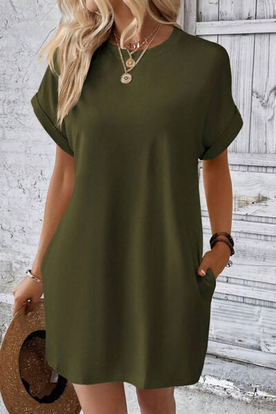 Pocketed Round Neck Short Sleeve Dress |1mrk.com