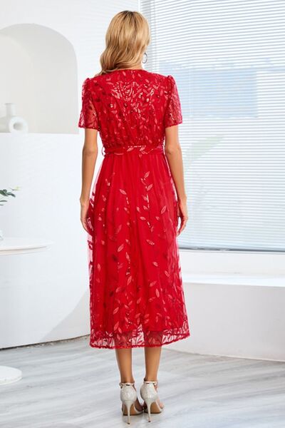 Sequin Leaf Embroidery Tie Front Short Sleeve Dress |1mrk.com