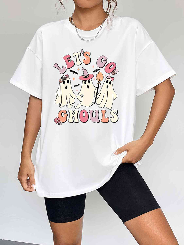 Round Neck Short Sleeve LET'S GO GHOULS Graphic T-Shirt | 1mrk.com