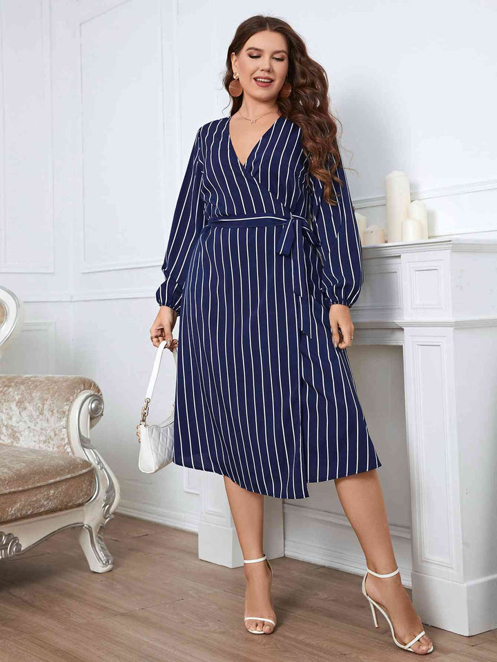 Melo Apparel Plus Size Striped Surplice Neck Long Sleeve Dress |1mrk.com