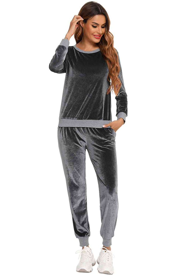 Round Neck Long Sleeve Loungewear Set with Pockets | 1mrk.com