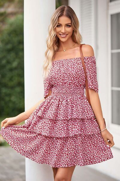 Floral Smocked Short Sleeve Layered Dress |1mrk.com