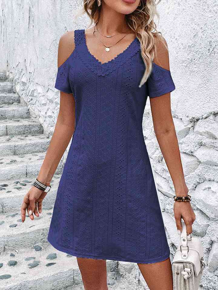 Eyelet V-Neck Cold-Shoulder Dress |1mrk.com