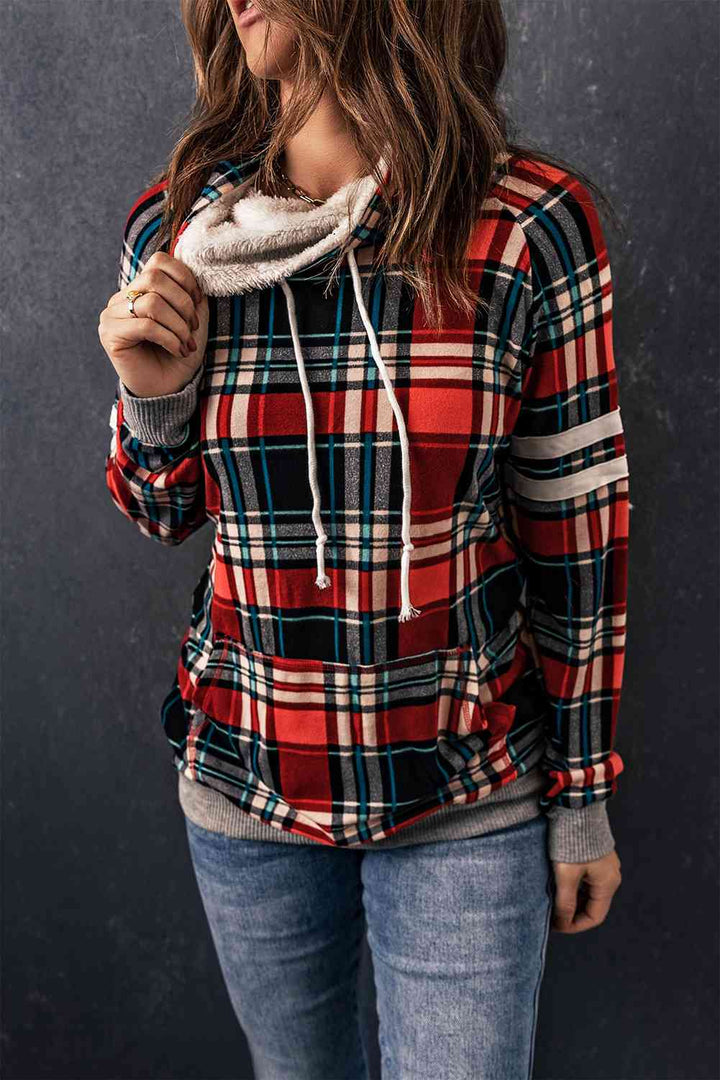 Plaid Drawstring Long Sleeve Sweatshirt |1mrk.com