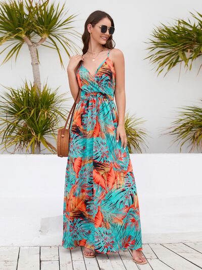 Printed Surplice Spaghetti Strap Dress |1mrk.com