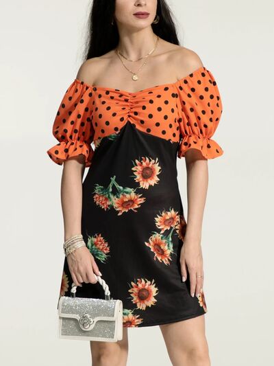 Ruched Polka Dot Flounce Sleeve Dress |1mrk.com