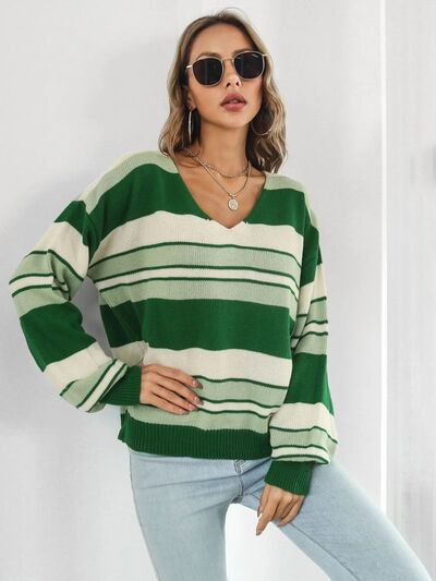 Striped V-Neck Dropped Shoulder Sweater |1mrk.com