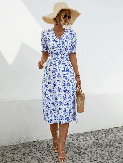 Slit Printed V-Neck Short Sleeve Dress |1mrk.com