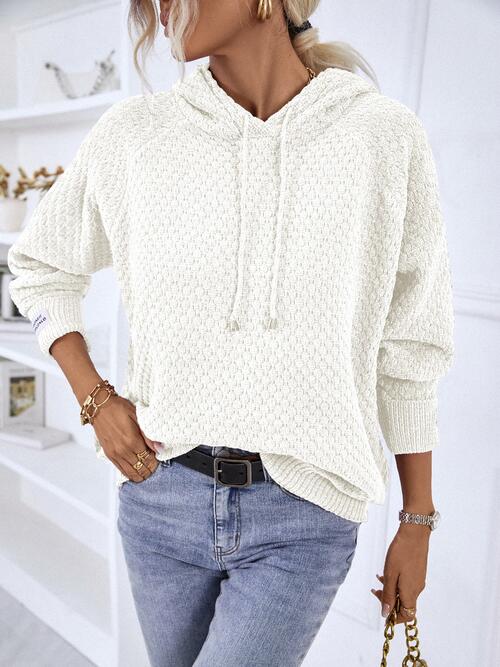 Texture Drawstring Long Sleeve Hooded Sweater | 1mrk.com