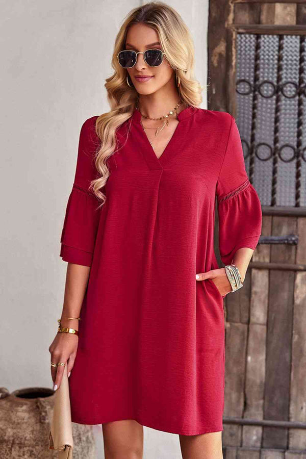 Notched Neck Flare Sleeve Pocket Dress |1mrk.com