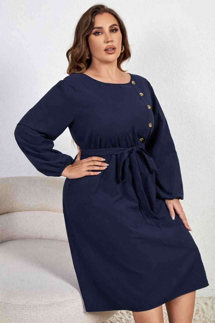 Melo Apparel Plus Size Buttoned Tie Belt Round Neck Long Sleeve Dress |1mrk.com