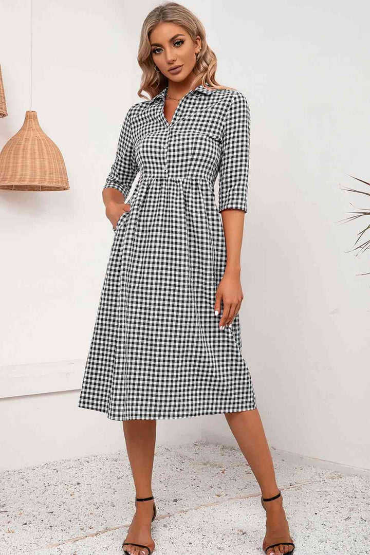 Plaid Collared Neck Midi Dress |1mrk.com