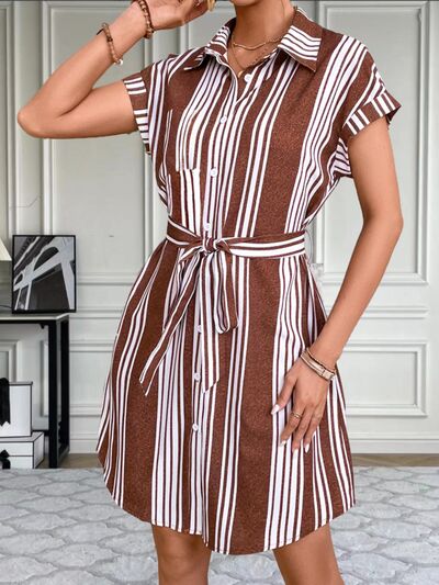 Striped Button Up Tie Waist Mini Dress |1mrk.com