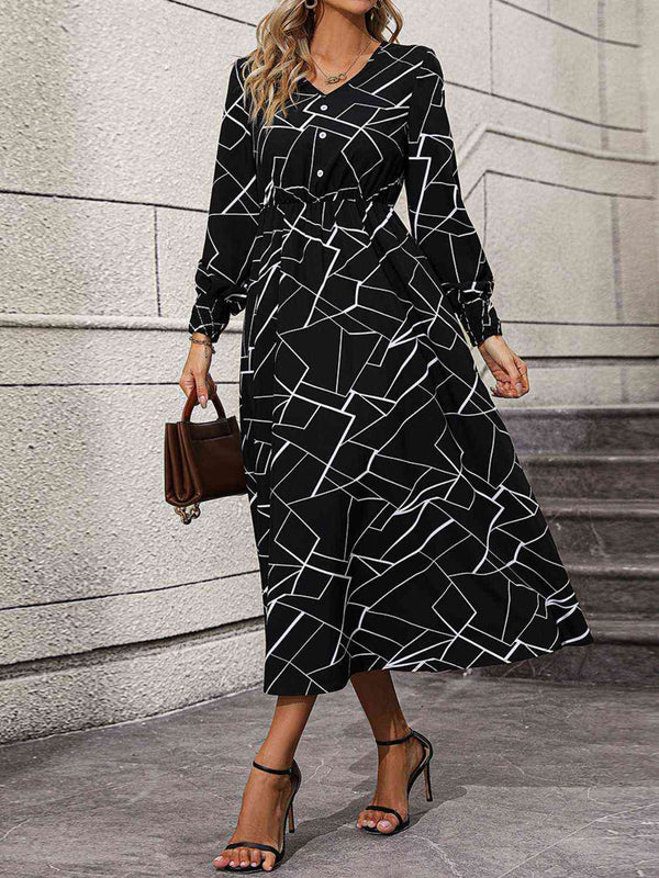 Geometric V-Neck Lantern Sleeve Dress | 1mrk.com