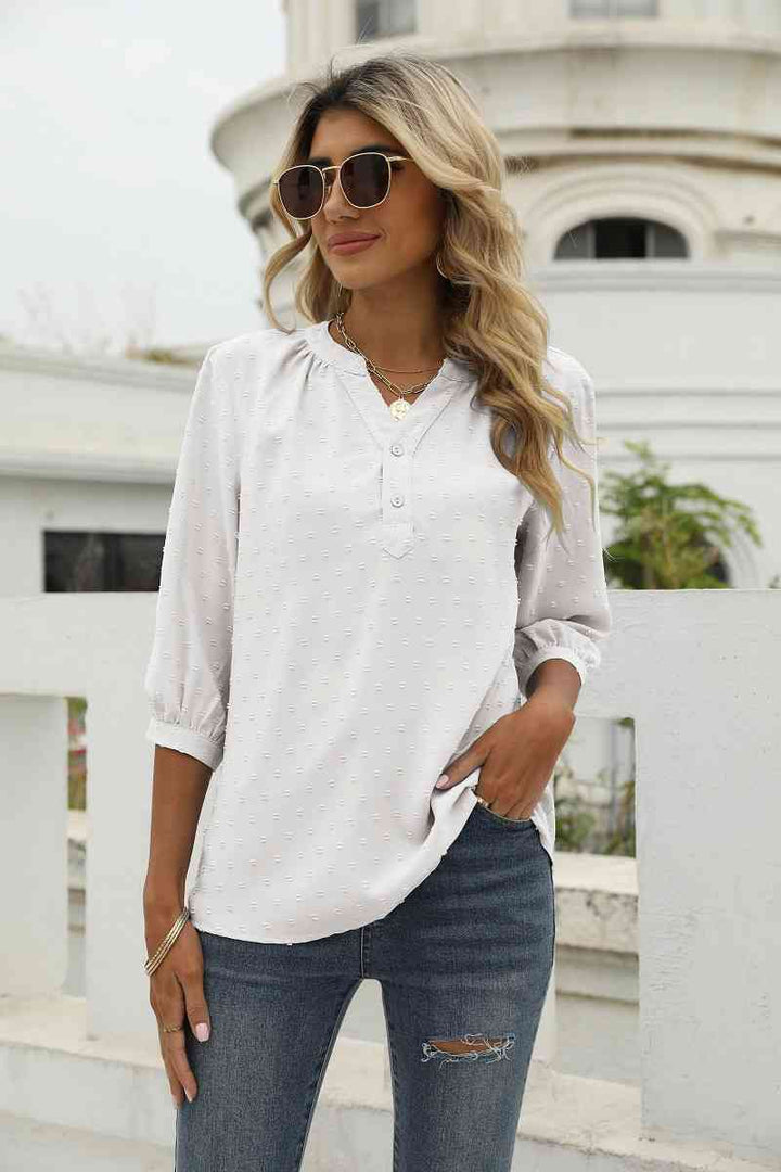 Swiss Dot Notched Neck Three-Quarter Sleeve Blouse | 1mrk.com