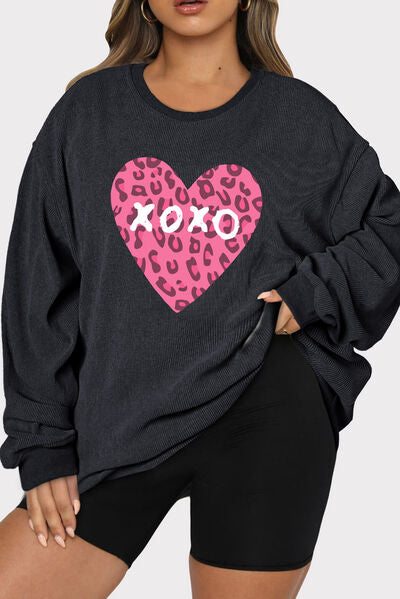 Plus Size XOXO Heart Round Neck Long Sleeve Sweatshirt | Trendsi