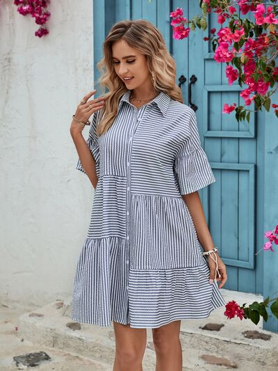 Striped Button Up Half Sleeve Dress | Trendsi