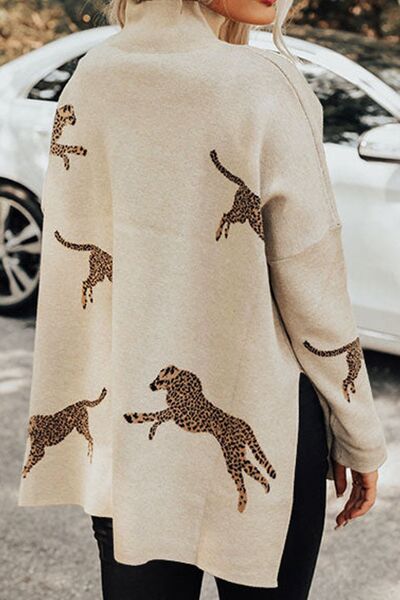 Animal Pattern Mock Neck Long Sleeve Slit Sweater |1mrk.com