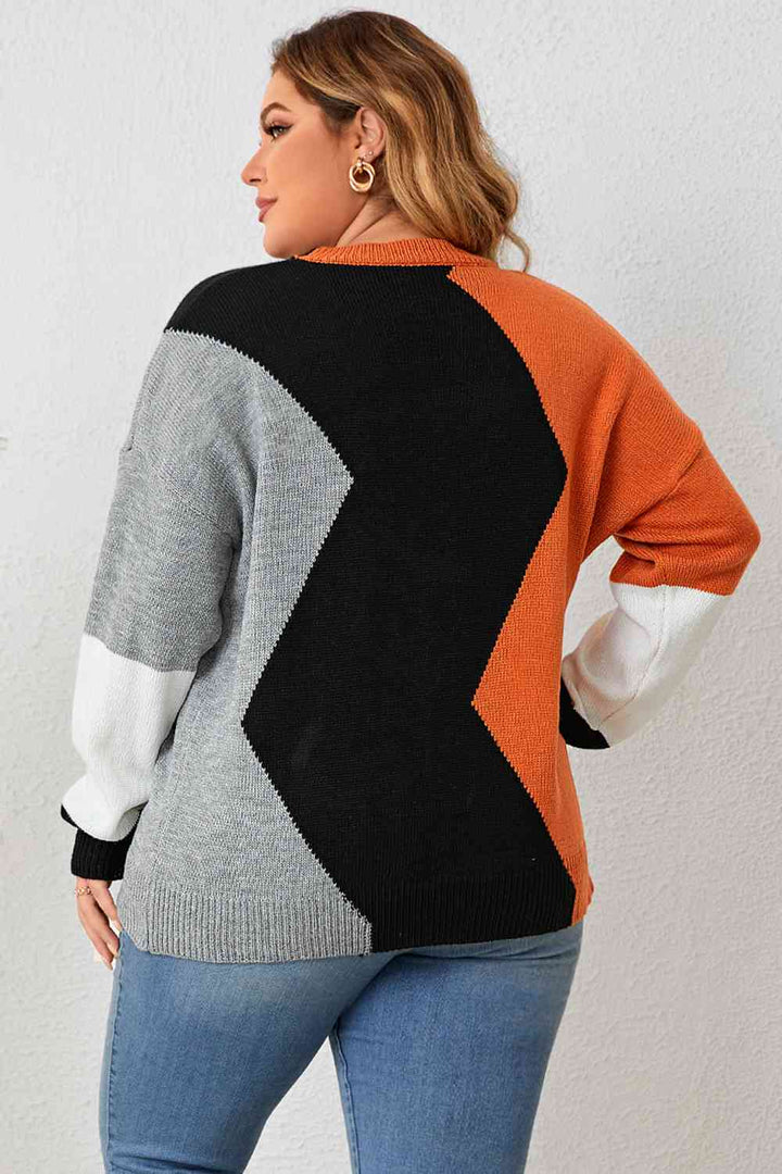 Plus Size Color Block Round Neck Knit Top | 1mrk.com