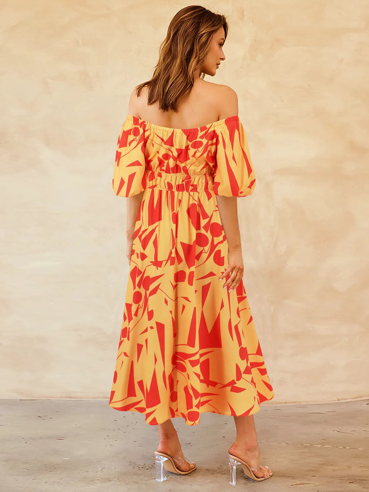 Printed Off-Shoulder Balloon Sleeve Dress | Trendsi