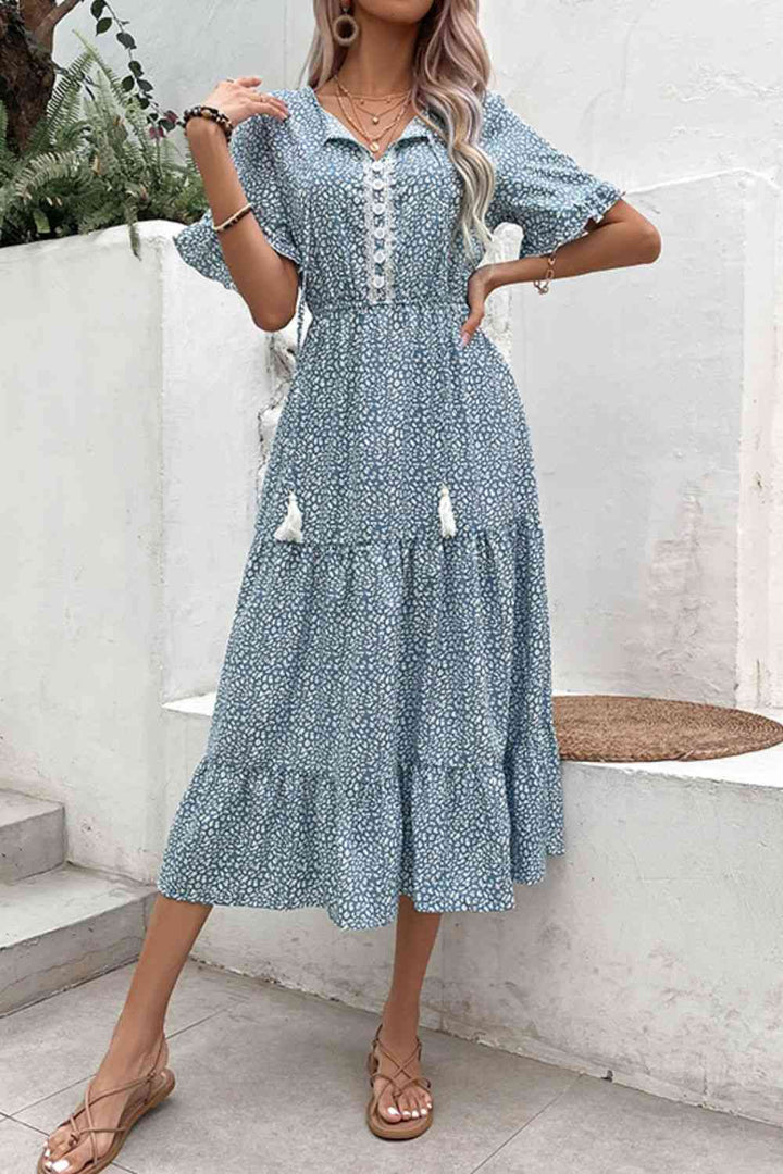 Printed Tassel Tie Flounce Sleeve Dress |1mrk.com