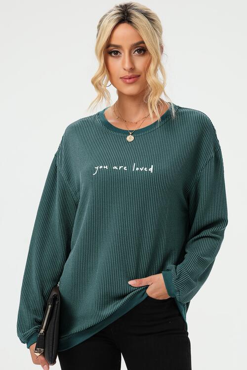 YOU ARE LOVED Graphic Dropped Shoulder Corduroy Sweatshirt |1mrk.com