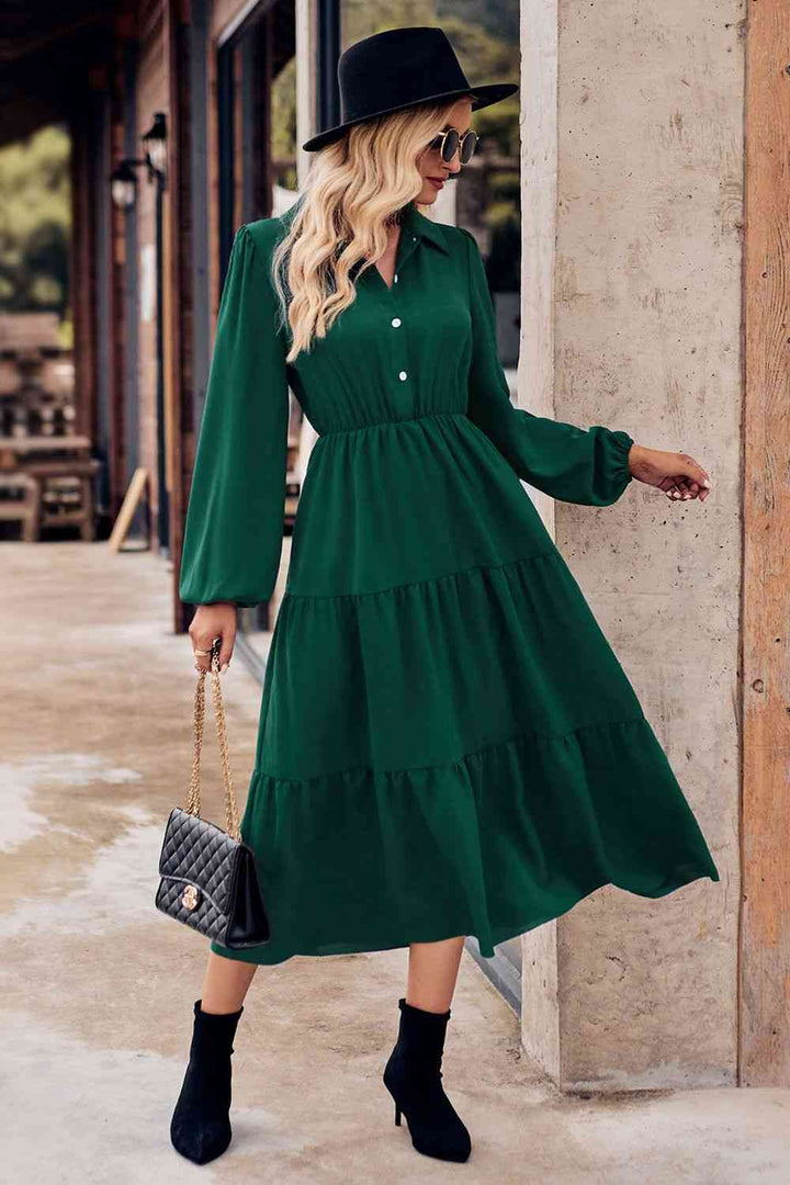 Collared Neck Long Sleeve Midi Dress |1mrk.com