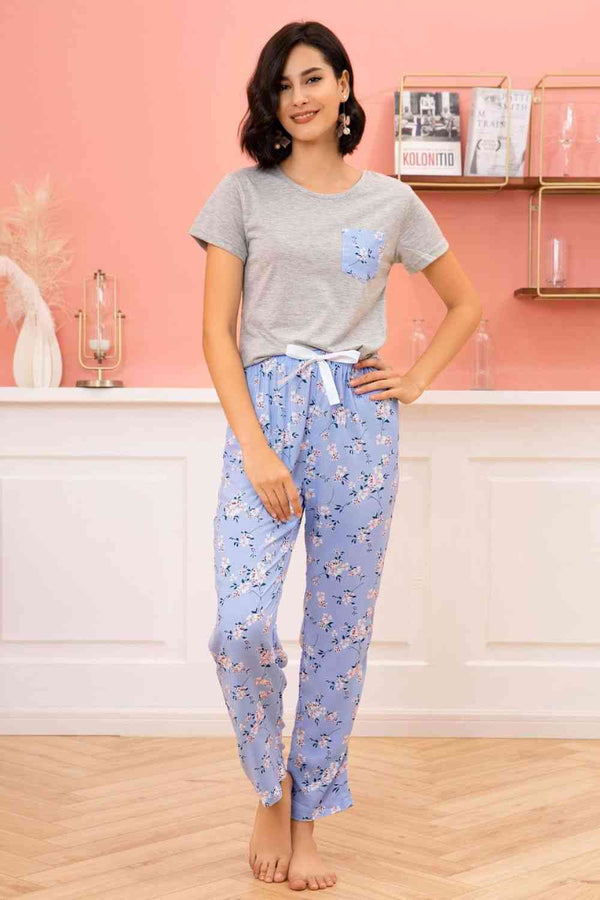 Round Neck T-Shirt and Floral Pants Lounge Set | 1mrk.com