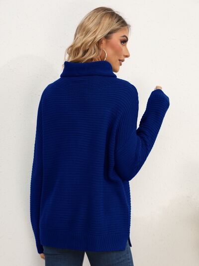 Slit Turtleneck Dropped Shoulder Sweater |1mrk.com