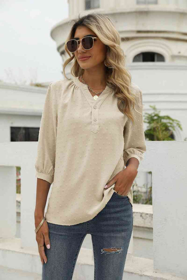 Swiss Dot Notched Neck Three-Quarter Sleeve Blouse | 1mrk.com