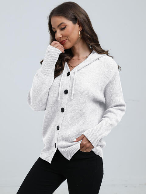 Button Down Drawstring Hooded Cardigan |1mrk.com