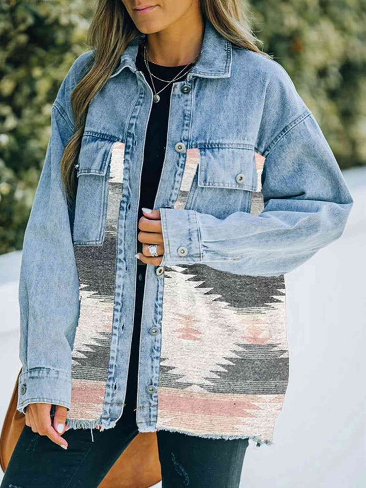 Collared Neck Dropped Shoulder Denim Jacket | 1mrk.com