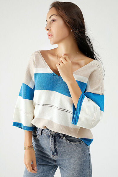 Color Block V-Neck Dropped Shoulder Sweater |1mrk.com