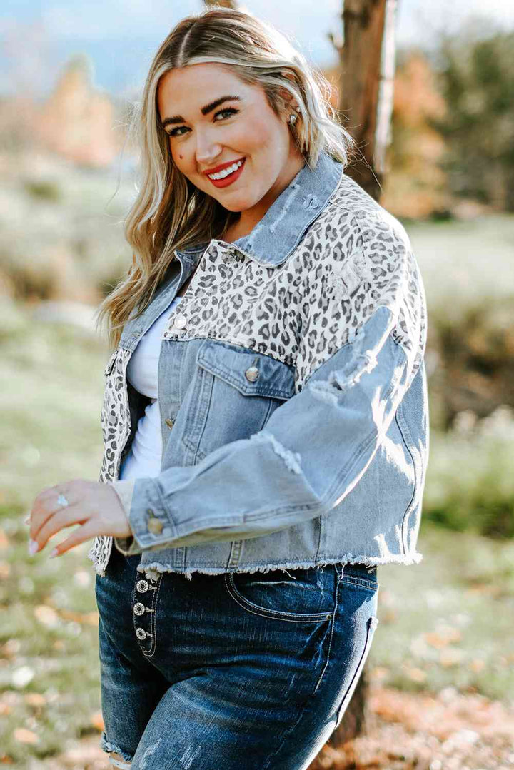 Plus Size Leopard Raw Hem Distressed Spliced Denim Jacket | 1mrk.com