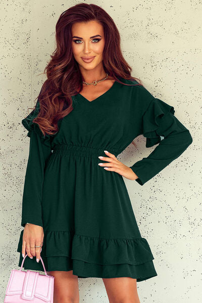 Ruffled V-Neck Dropped Shoulder Mini Dress |1mrk.com