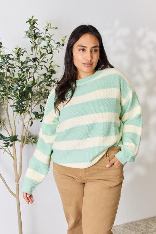 Sew In Love Full Size Contrast Striped Round Neck Sweater |1mrk.com