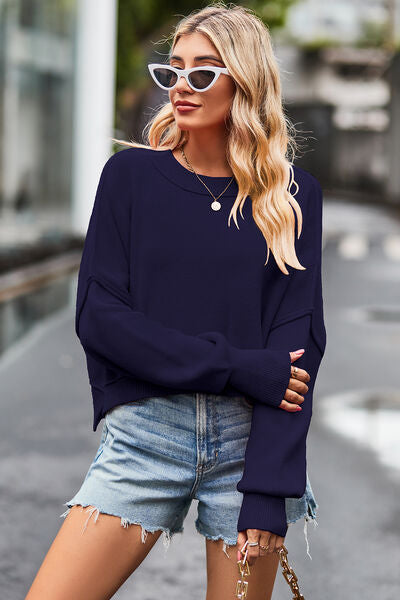 Round Neck Drop Shoulder Long Sleeve Sweater |1mrk.com